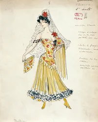 Schets van kostuum voor flamencodansers voor Carmen door Georges Bizet