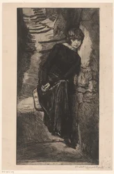 In het zwart geklede vrouw, leunend tegen muur. Misère de misère (titel op object). Meisje van plezier (serietitel). Fille de Joie (serietitel op object)