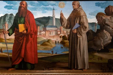 St. Franciscus ontvangt de stigmata tussen St. Clara en Petrus, de zalige Bartolomeo van Breganze, en St. Paulus en Bernardinus, detail