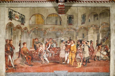 Jachtscène, (detail) van het Bezoek van Christiaan I van Denemarken aan Bartolomeo Colleoni, Erezaal