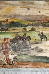 Jachtscène, (detail) van het Bezoek van Christiaan I van Denemarken aan Bartolomeo Colleoni, Erezaal