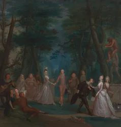 Scène in een park, met figuren uit de Commedia dell