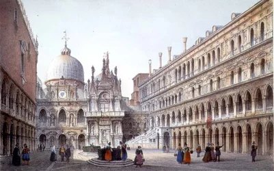 De binnenplaats van Palazzo Ducale, Venetië, gegraveerd door Brizeghel (litho)