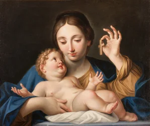 De Madonna toont een klein kruis aan Jezus