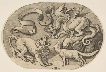 Een leeuw, draak en vos die elkaar bevechten, een ingeschreven banderol erboven, een ovaal, ca. 1515-27