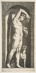 Bacchus staand in een nis met druiven in zijn opgeheven rechterhand, fruit in zijn linkerhand, ca. 1515-27