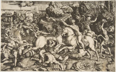 Slagveld in een landschap met soldaten te paard en verschillende gevallen mannen, ca. 1520