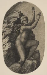 Eurydice naakt staand op een rots, haar armen opgeheven naar rechts