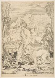 Moed in profiel gezien lopend naar een vuur links en leidend een aangelijnde leeuw..., ca. 1515-27