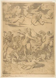 Galatea rijdend in een schelp getrokken door dolfijnen, een cupido eronder