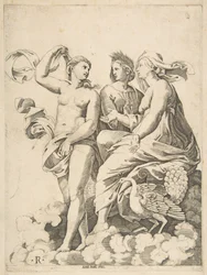 Juno, Ceres en Psyche in gesprek in de wolken, Juno zittend met een pauw aan haar ..., ca. 1515-27