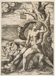 Jupiter en Semele omhelzen elkaar, een adelaar onder hen, een boom rechts