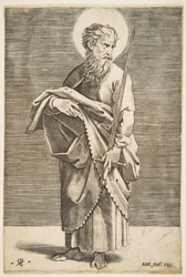 Sint Paulus kijkt naar rechts en houdt een zwaard en een boek vast