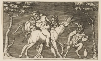Twee saters plaatsen Silenus op een balkende muilezel en een derde sater rechts