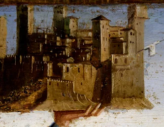 Madonna op de troon en heiligen, detail van predella van St. Adrian door Marco Palmezzano, Kerk van St. Franciscus, Matelica, Marche, Italië (detail)