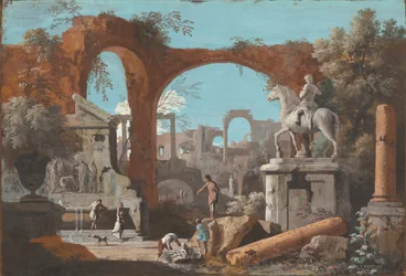 Een capriccio van Romeinse ruïnes