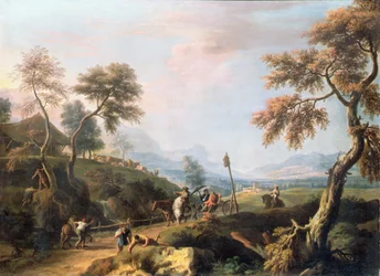 Een bosrijk landschap met heren in een koets op een weg