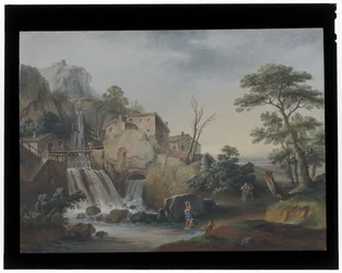 Landschap met waterval en huisjes
