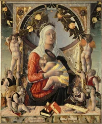 Madonna en kind omringd door acht engelen ...