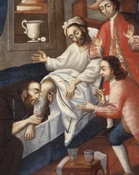 Religieuze mannen behandelen een patiënt in St. Andrew Hospital, Cuzco