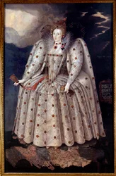 Portret ten voeten uit van koningin Elisabeth (Elizabeth) I van Engeland, schilderij van Marcus Gheeraerts (Gerards of Geerards) de Jonge (1561-1635), circa 1592, hoogte 2,41 x 1,52 m, Londen, National Portrait Gallery