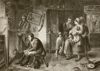 Napoleon zoekt rust in een huisje langs de weg na zijn nederlaag bij Waterloo, gegraveerd door J.D. Cooper