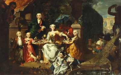 Een familie op een terras in de tuin van een villa. Mogelijk de Engelse zakenman George Jackson en zijn familie