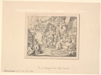 Allegorisch blad met de dronken Silenus en andere mythologische en allegorische figuren bij een sarcofaag met het opschrift: "Sepulcrum pudicitiae mortae"