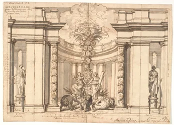Het interieur van een tempel met het Deense wapen en de stamboom van de Oldenburgse koningen