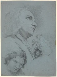 Studieblad met drie hoofden. Studie voor "Het wonder van San Giuseppe Calasanz