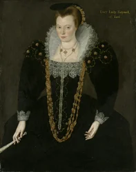 Portret van Lucy, Lady Reynell van Ford, driekwart lengte, in een donkere jurk met een witte kanten kraag en gouden en parelkettingen, met een waaier in haar rechterhand met identificerende inscriptie