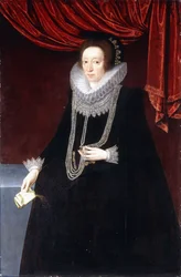 Portret van Margaret Belasyse, in een zwarte jurk, met een parelketting en een boek in haar rechterhand