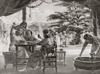 Verheuging in Babylon over de wederopbouw van de stad door Esarhaddon, uit Hutchinson