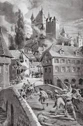 De brand van het kasteel van Wadenschwyl in 1804 (litho)