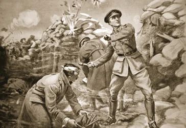 Kapitein Vickers houdt de vijand op afstand terwijl achter hem een barrière wordt opgebouwd (litho)