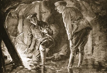 Lance-Corporal Evason en een officier luisteren naar Duitsers in een tegenmijn (litho)