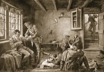Lance-Corporal Royall verzorgt de gewonden in een onder vuur liggende herberg (litho)