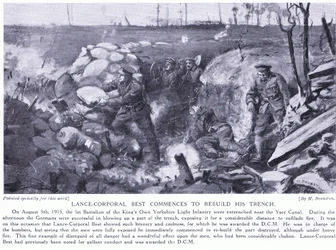 Korporaal Best onderscheiden met DCM voor het heropbouwen van zijn loopgraaf bij het IJzerkanaal onder zwaar vuur in augustus 1915 (litho)