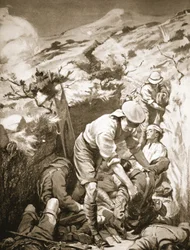 Soldaten Druall en Smith ruimen de gewonden op van een sap dat onbeschermd was en blootgesteld aan zwaar vuur (litho)