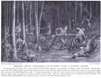 Sergeant Spence won een DCM voor het leiden van zijn peloton tijdens een bajonetcharge in bossen bij Wasmes in augustus 2014 (litho)