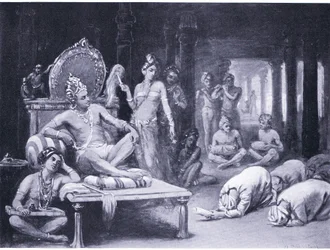 Vikramanka Chalukhya stuurt een vriendelijke boodschap naar Kulottunga Chola (litho)