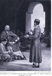 Vologeses III houdt toezicht op het verzamelen van de Pahlavi Avesta 160AD (litho)