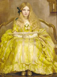 Portret van een meisje, klein voluit, in een gele jurk, met een waaier, in een interieur