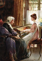 Hun Avondzang. Chromolithografie naar een schilderij van de Engelse kunstenares Margaret Isabel Dicksee (1858-1903), gepubliceerd in 1892. Jong meisje speelt klaviermuziek (klavecimbel) voor haar bejaarde grootmoeder.