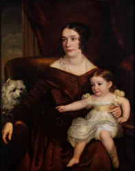 Een moeder en kind met een witte hond in een interieur, ca. 1815-66 (olieverf op doek)