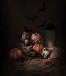 Halloween-uilen en pompoenen