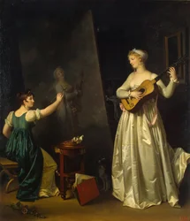 Kunstenaar schildert een portret van een muzikant, 1790s