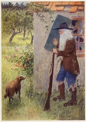 Illustratie voor het verhaal van Rip Van Winkle (kleurenlitho)