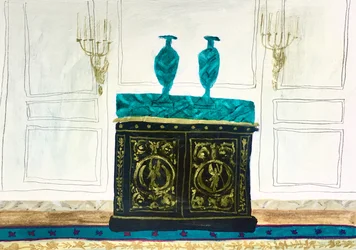 Interieur met groene ladekast, 2018 (aquarel en tempera op papier)