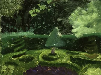 Landschap met groene tuin in Londen, 2019 (olieverf op papier)